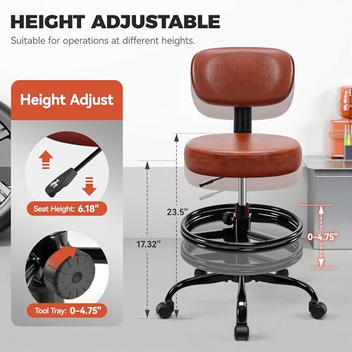 BestGlory Shop Stool with Wheels for Garage, Mechanics Rolling Chair with Backrest, Adjustable Height Heavy Duty Garage Stool with Footrest and Storage Tray, Swivel Task Chair for Workshop Salon - color: Brown