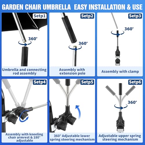 Garden Kneeler Umbrella,42” Large Chair Umbrella with Universal Clamp, 360°Swivel and UPF 50+ Protection,Folding Clip on Umbrellas for Garden Seat Bench Beach Chairs Strollers Golf Carts, NO KNEELER