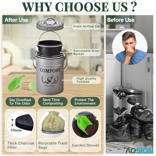 AOSION 1 Gallon Countertop Compost Bin for Kitchen with Lid,Odor Resistant - color: Grey(50 Pack Trash Bags & Garden Shovel)