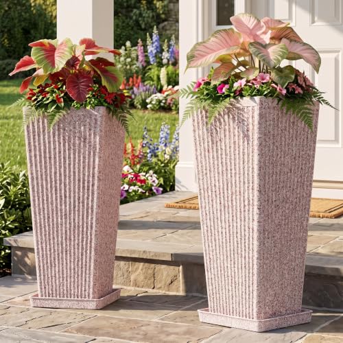 Square Tall Planters for Outdoor Plants with Tray - Stone Finishes - color: White Red Speckled-stone Finishes