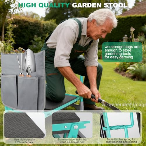 Garden Kneeler and Seat 2-in-1 Foldable Bench, with Storage Bags & Non-Slip Foam Pad