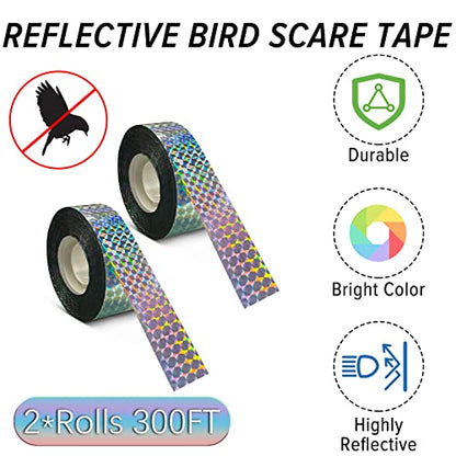 MP mypole Bird Scare Tape Ribbon, 2 * 300 Foot Reflective Tape Ribbon for Birds Woodpecker Scare Reflective Flash Tape Scare Birds Away for Outdoor, House, Garden, Patio, Orchard - size: 300ft*2
