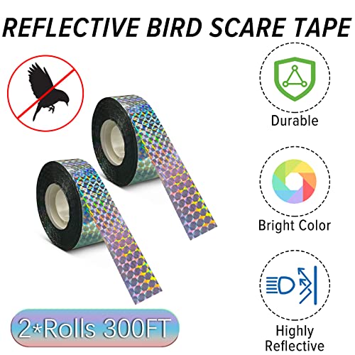MP mypole Bird Scare Tape Ribbon, 2 * 300 Foot Reflective Tape Ribbon for Birds Woodpecker Scare Reflective Flash Tape Scare Birds Away for Outdoor, House, Garden, Patio, Orchard - size: 300ft*2