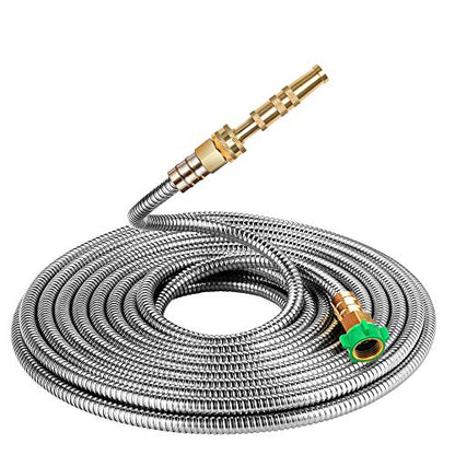 BEAULIFE 304 Stainless Steel Metal Garden Hose 25 Feet with Brass Garden Hose Nozzle Flexible, Portable & Lightweight Kink Free Garden Water Outdoor Hose - size: 25Ft