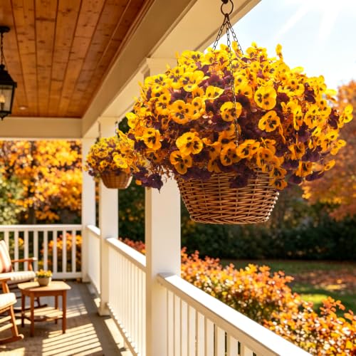 16 Faux Fall Pansy Flowers, UV Resistant Artificial Outdoor No Fade Plants - color: Fall Yellow&wine Red