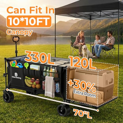70”L Extender Collapsible Wagon, Extra Long Foldable Wagon Cart with Extended Tailgate, Heavy Duty Rolling Utility Cart with All-Terrain Big Wheels for Transport Sports Beach, Black