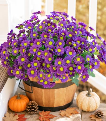 Daisy Artificial Flowers for Outdoors Autumn Fall Decoration, 6 Bundles Fake Mums Purple Silk Flowers for Outside Look Real UV Resistant Faux Flowers Plants for Planter Front Door Home Indoor Porch - color: Purple