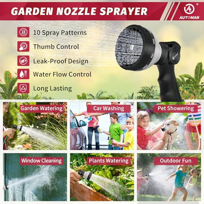 AUTOMAN Garden Hose Nozzle Sprayer - 10 Spray Patterns, 2 Pack Thumb Control Water Hose Nozzle Outdoor, Heavy Duty Spray Nozzles for Watering Garden, Cleaning Window, Washing Car, Showering Pets - color: Black