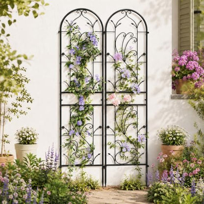 2-Pack 87" x 20" Sunflower Scroll Arch Black Metal Garden Trellises - color: 2 Pack 87"- Sunflower Black