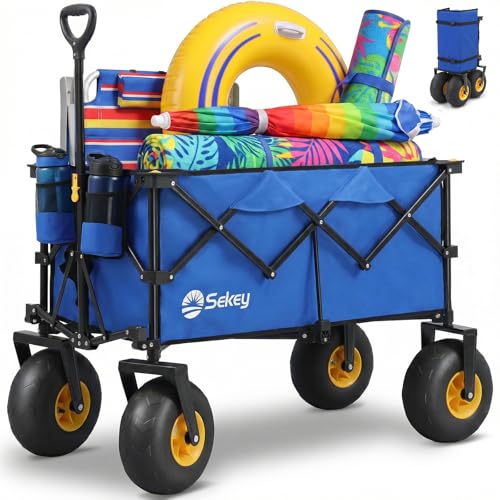 Sekey Heavy Duty Beach Wagon with 9" Big Sand-Proof Wheels – 600lb Capacity, 200L Oversized Foldable Cart | Adjustable Handle & All-Terrain Tires for Sand, Camping, Groceries - color: Blue&black