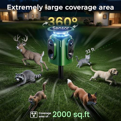 360° Solar Ultrasonic Animal Repellent Outdoor, Deer Repellent Devices, IP65 Waterproof Cat Deterrent for Yard, Effective Repel Squirrel, Rabbit, Dog - Green