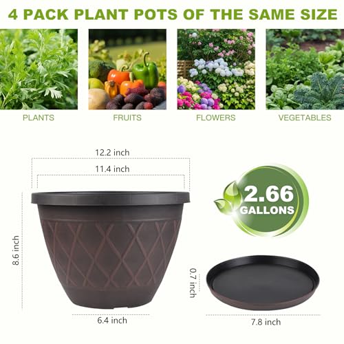 4 Pack 12 Inch Pots for Plants, Plastic Flower Pots with Faux-fence Texture - color: Plaid Pattern-brown, size: 12 Inch - 4Pack