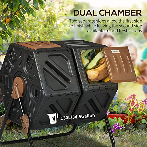 Compost Bin Outdoor, 43 Gallon Dual Chamber Tumbling Composting with Sliding Doors, Large Compost Tumbler, Compost Bin for Garden, Kitchen, and Yard Waste, Black+Brown - color: Black+Brown, size: 34.5 Gallon