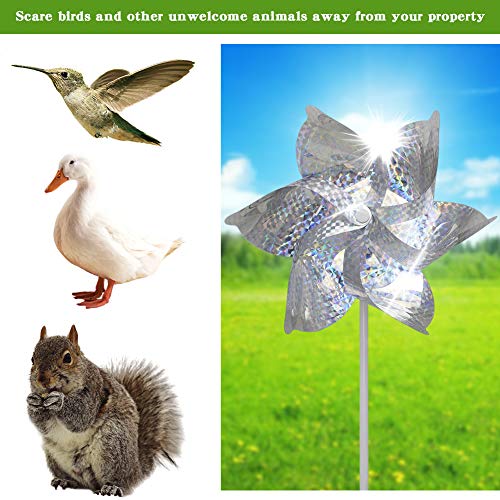 10 Pack Reflective Pinwheels for Garden Yard - Sparkly Silver Bird Deterrent Devices for Outside - Humane Woodpecker, Pigeon & Goose Repellent Wind Spinners - Decorative Mylar Pin Wheels with Stakes