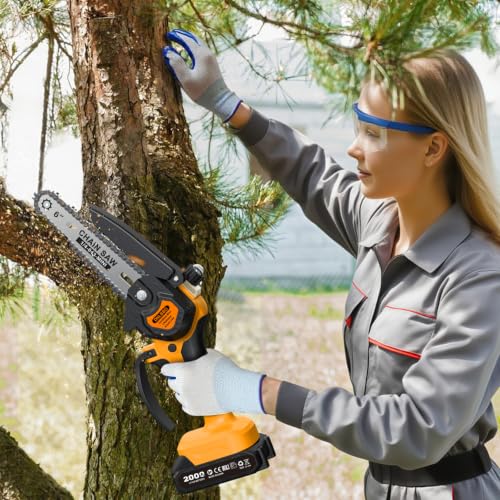 Mini Chainsaw Cordless, 6 Inch Electric Chainsaw with 21V 2*2000mAh Battery, Auto Oil Samll Saw for Wood Cutting, Garden & Household Use Stocking Holiday Gifts for Men, Fathers & Gardening Enthusiasts - color: Yellow02