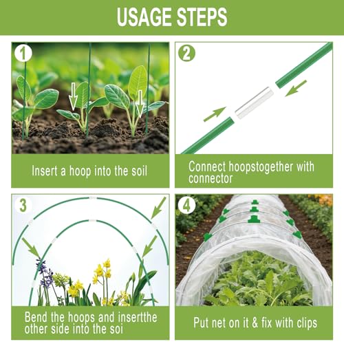 60PCS Garden Hoops for Raised Beds, 8FT Rust-Free Fiberglass Greenhouse Hoops, DIY Frame Stake to Create Grow Tunnels, Plant Support Row Covers & Garden Netting, 40Pcs Clips