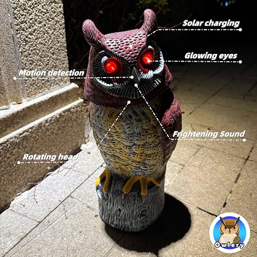 Solar Owl Guard with Motion Detector, Flashing Eyes, Spinning Head, Realistic Hooting and Silent Mode, Garden Owl, Outdoor Statue, Decoration for Home, Garden, Patio and Fence