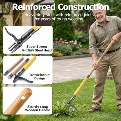 Stand Up Weed Puller Tool with Slide-Release System, Effortless Weeder for Lawn & Garden, 3-Section Wood Handle for Easy Storage, Adjustable Long Handle Weeding Tool for Garden Dandelions & Thistles