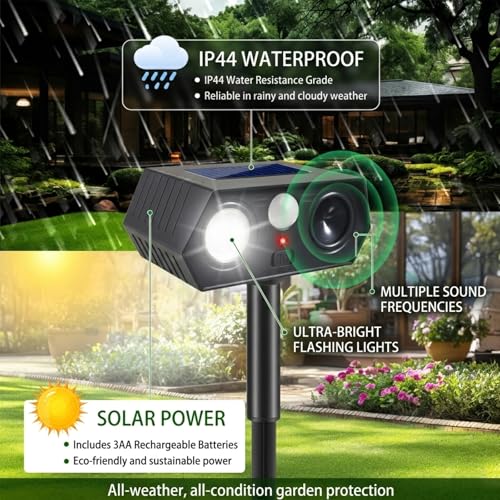 Solar Animal Repellent Outdoor 4 Pack, Ultrasonic Deer Deterrent Devices with Motion Sensor & Flashing Lights, Waterproof Solar Powered Cat Repellent for Garden Yard Squirrel Raccoon Skunk Rabbit Dog