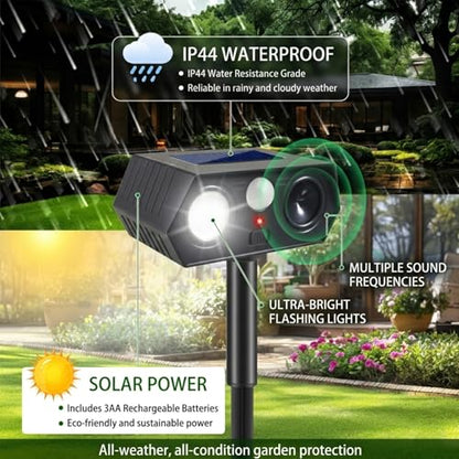 Solar Animal Repellent Outdoor 4 Pack, Ultrasonic Deer Deterrent Devices with Motion Sensor & Flashing Lights, Waterproof Solar Powered Cat Repellent for Garden Yard Squirrel Raccoon Skunk Rabbit Dog