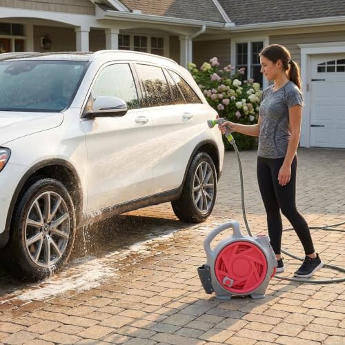 mini portable garden pipe cart, adjustable spray gun with 6 different gears, suitable for various faucets, portable water pipe truck can be used for car washing, watering plants (Pink)