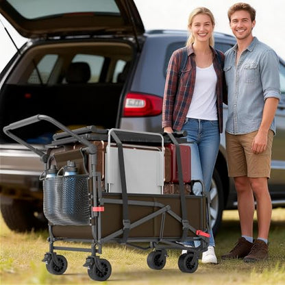 LEVELEVE Heavy Duty Folding Wagon - 2-in-1 Collapsible Cart, All-Terrain Wheels w/Brakes & Side Pockets (Brown, 400lb Capacity) - color: Brown, size: Medium