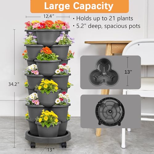 VECELO 7 Tier Vertical Garden Planter, Self Watering Stackable Planters with Wheels for Strawberries, Herbs, Flowers, Vegetables, Dark Gray - color: Dark Gray, size: 7 Tier
