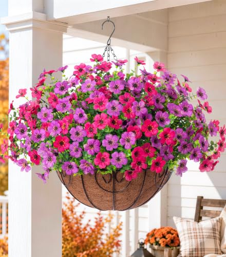 HyeFlora Artificial Faux Hanging Plants Flowers Basket for Spring Summer Outdoor Outside Decoration, Fake Silk Colorful Daisy Eucalyptus in Planter UV Resistant Realistic for Porch Patio Balcony Yard - color: Purple Pink
