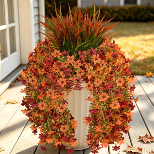 7PCS Artificial Fall Hanging Flowers for Outdoor, Six-Petaled Faux Mums - color: Orange Red