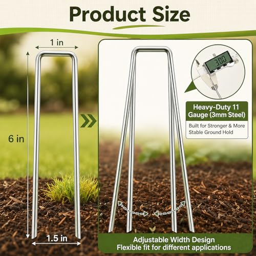 6 Inch Heavy Duty Galvanized Landscape Staples, FUOAUYK 25/50/100/150/200 Pack Garden Staples 11 Gauge for Weed Barrier and Landscape Fabric Stakes, Drip Irrigation Lawn, Yard Ground Stakes（50 Pack）