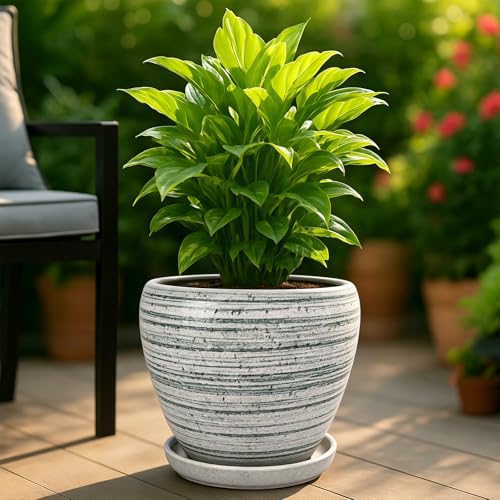 Deep Dream 10 Inch Plant Pot- Ceramic Planter Pot Round Plant Pots for Indoor Plants Outdoor Large Flower Pot with Drainage Holes & Trays, Brushed Green - color: Brushed Green, size: 10 Inch