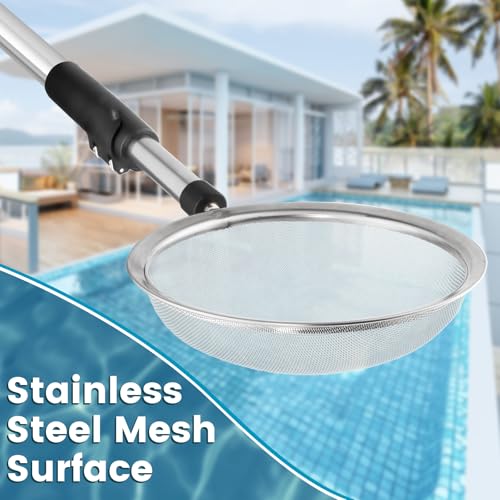 Pool Cleaning Net with Pole, 45-85" Adjustable Stainless Steel Pool Skimmer Net with Fine Mesh & Hook Pool Leaf Skimmer for Removing Leaves, Bugs & Debris