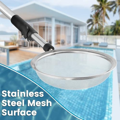 Pool Cleaning Net with Pole, 45-85" Adjustable Stainless Steel Pool Skimmer Net with Fine Mesh & Hook Pool Leaf Skimmer for Removing Leaves, Bugs & Debris