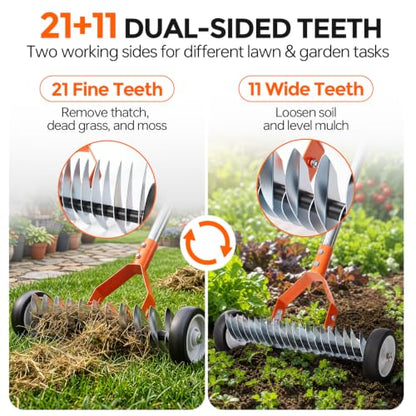 BlueFire Dethatcher Rake with Wheels, Adjustable Lawn Rake