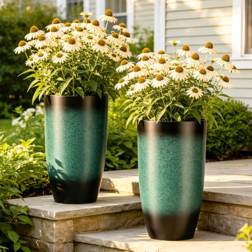 Autodaya 24" Tall Large Outdoor Planters for Plants Set of 2, Faux Ceramic - color: Gradient Turquoise-24"h