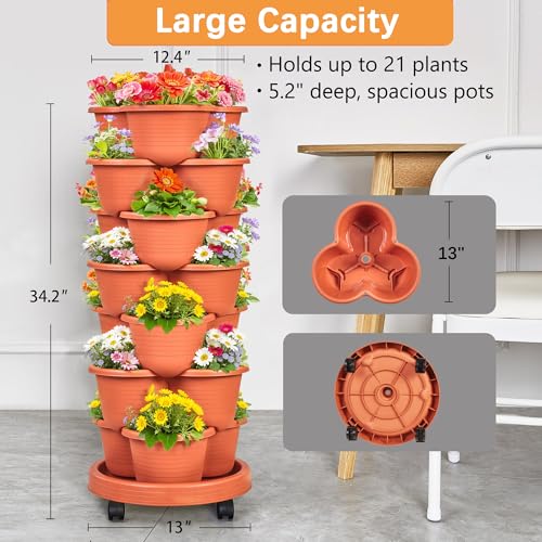 VECELO 7 Tier Vertical Garden Planter, Self Watering Stackable Planters with Wheels for Strawberries, Herbs, Flowers, Vegetables, Red - color: Red, size: 7 Tier