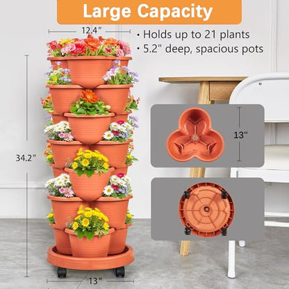 VECELO 7 Tier Vertical Garden Planter, Self Watering Stackable Planters with Wheels for Strawberries, Herbs, Flowers, Vegetables, Red - color: Red, size: 7 Tier