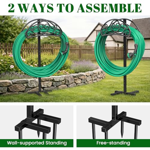 Sunvigor Garden Hose Holder, Heavy Duty Metal Hose Stand with 4 Spikes, Holds Up to 150FT Hose, No Drill Freestanding Hose Reel Alternative for Yard Lawn Outdoor