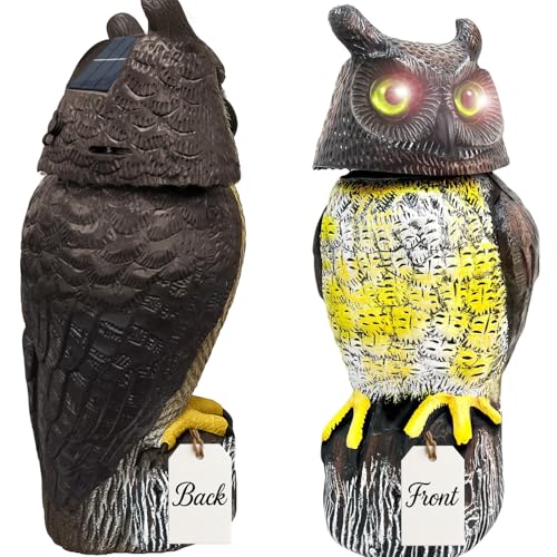 GIFTEXPRESS 1Pcs Solar Power Owl Decoy – 17" Motion Sensor Pest Repellent with Rotating Head, LED Eyes & Sound – Fake Horned Owl for Garden, Yard, Balcony, Farm, Patio, Roof, Lawn- Life Size