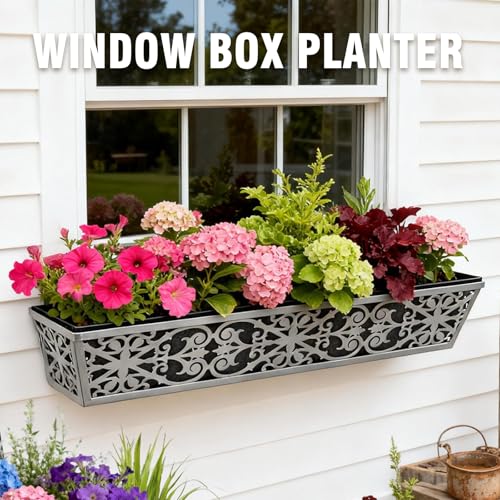 4 Pack 30 Inch Window Boxes Planter for Outdoor Plants Deck Railing Planters Box with Adjustable Brackets for Porch Fence Balcony Hanging Flower Baskets with Non-Woven Fabric Liner for Garden Décor - size: 30 Inch - 4 Pack