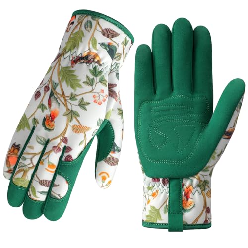 Gardening Gloves for Women, Breathable Leather Garden Gloves,Gardening Gift - color: White - Flowers Birds