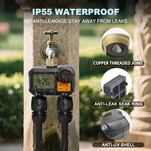 ANDOLL HOME Water Timer for Garden Hose - 2 Zone Timed Sprinkler with Rain Delay/Manual Watering/Automatic Irrigation Programmable Faucet Timer for Yard Lawn (1, Grey) (1, Matte-Black) - color: Matte-black