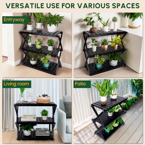 BEEFURNI 3-Tier Foldable Acacia Wood Ladder Plant Stand & Corner Rack Black