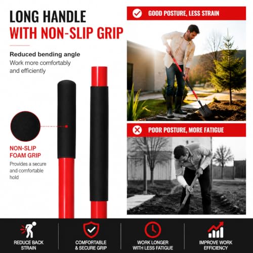 VNIMTI Heavy Duty Gardening Shovel, 56 Inch Round Blade with Fiberglass Handle (Red) - color: Red
