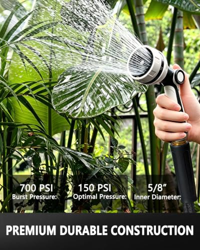 Garden Hose 50 FT, Non-Expanding, 700 PSI Burst, 10-Pattern Nozzle - color: Black, size: 50FT