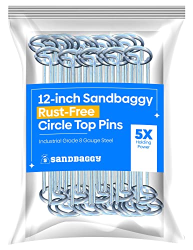 Sandbaggy 12 Inch Rust-Free Circle Top Pins | Industrial Grade 8 Gauge Galvanized Steel | Great for Hard & Rocky Soil | Holds 5X Better | Landscape Staples SOD Garden Stakes Weed Mats, Tarps (150 Pcs) - size: Galvanized 12-Inch - 150 Pcs