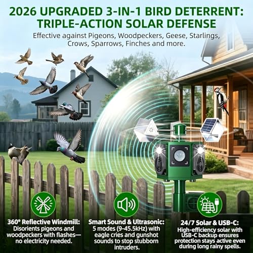 Ultrasonic Bird Repeller Outdoor Solar Pigeon Repellent Device with Motion Sensor & Flashing Lights, Bird Deterrent Reflectors to Keep Birds Crows Sparrows Starlings Away from Patio, Garden & Balcony