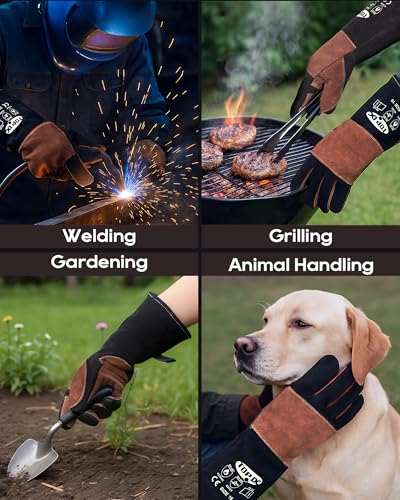 TOPDC Welding Gloves 16Inch 1000℉ Heat Resistant Leather for MIG Stick, XL - color: 16 Inch Black-brown (X-large)