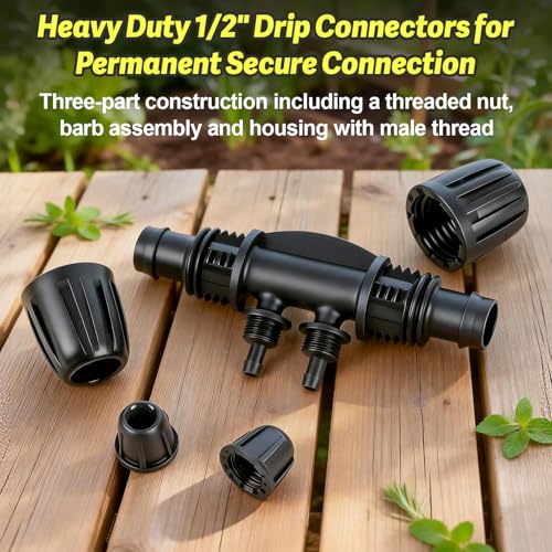 12 Pcs 1/2 Inch To 1/4 Inch Irrigation Tubing Fittings, 1/2"(1/2" ID x 0.65" OD) To 1/4" Drip Barbed Tee Adapter 16mm Anti-Drop Locked Nut T Reducer To 1/4" Distribution Line Connector - size: 1/2" To 1/4" Tee-4Way
