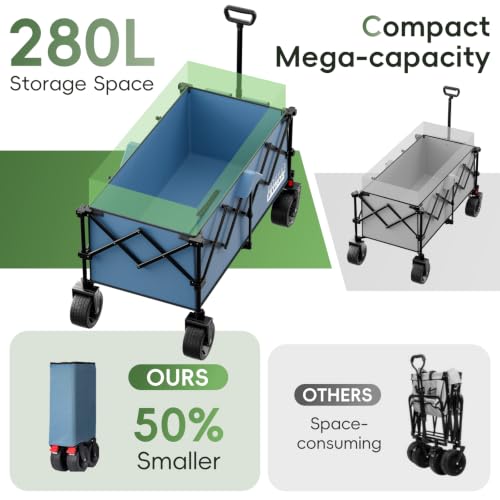 46" L Collapsible Foldable Extended Wagon, 500LB Weight Capacity with 280L Heavy Duty Folding Cart,Utility Wagon with All-Terrain Beach Wheel & Drink Holders,Light Blue - color: Light Blue